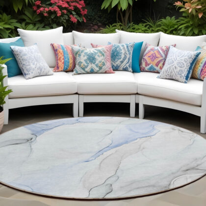 8' Round Ivory Blue and Gray Round Abstract Washable Non Skid Indoor Outdoor Area Rug