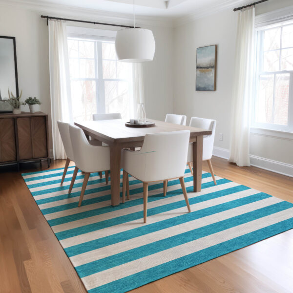 3' X 5' Teal and White Striped Washable Indoor Outdoor Area Rug
