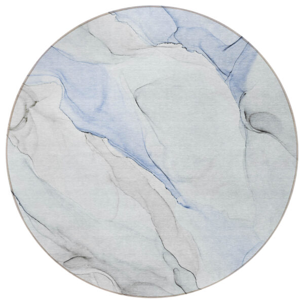 8' Round Ivory Blue and Gray Round Abstract Washable Non Skid Indoor Outdoor Area Rug