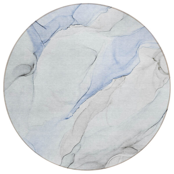 8' Round Ivory Blue and Gray Round Abstract Washable Non Skid Indoor Outdoor Area Rug