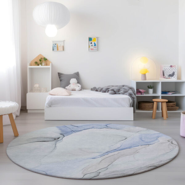 8' Round Ivory Blue and Gray Round Abstract Washable Non Skid Indoor Outdoor Area Rug