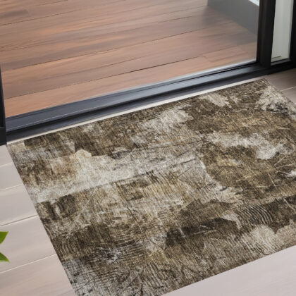 2' X 3' Taupe Floral Washable Non Skid Indoor Outdoor Area Rug