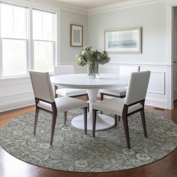 8' Round Cream and Tan Round Floral Washable Non Skid Indoor Outdoor Area Rug