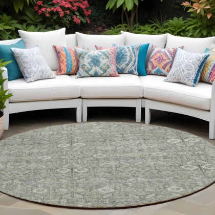 8' Round Cream and Tan Round Floral Washable Non Skid Indoor Outdoor Area Rug