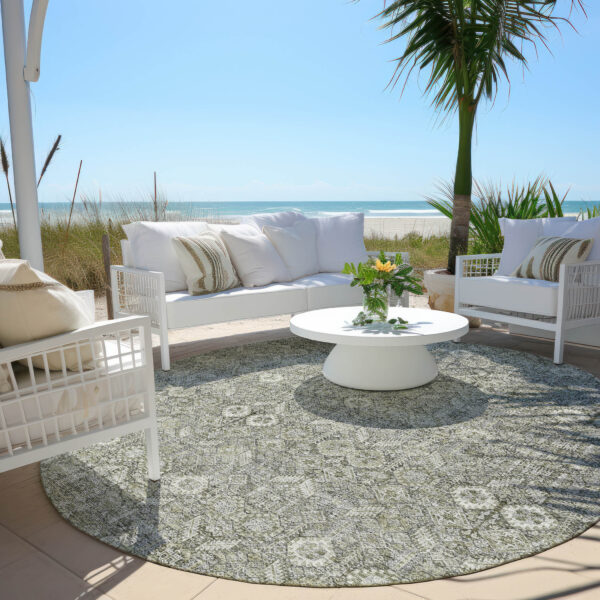 8' Round Cream and Tan Round Floral Washable Non Skid Indoor Outdoor Area Rug