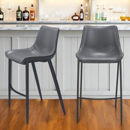 Set of Two 30" Dark Gray And Black Faux Leather And Steel Bar Height Bar Chairs
