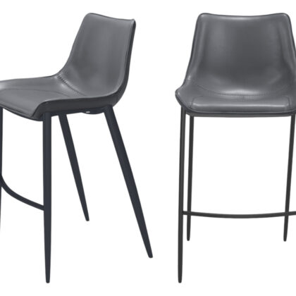 Set of Two 30" Dark Gray And Black Faux Leather And Steel Bar Height Bar Chairs