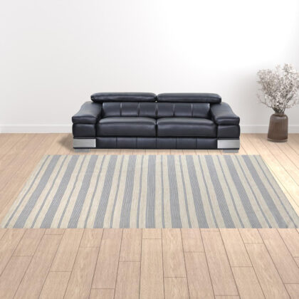 10' X 14' Blue Ivory And Tan Striped Dhurrie Hand Woven Stain Resistant Area Rug