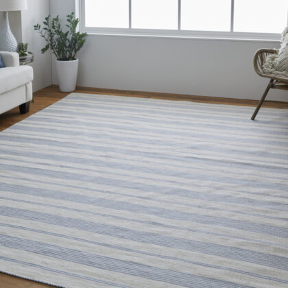 10' X 14' Blue Ivory And Tan Striped Dhurrie Hand Woven Stain Resistant Area Rug