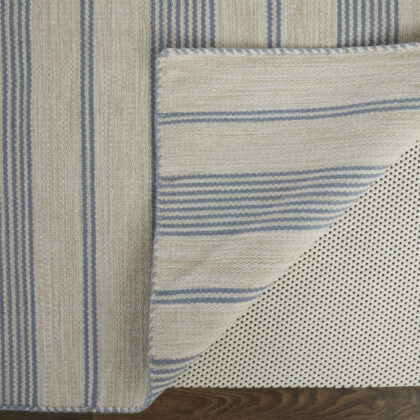 10' X 14' Blue Ivory And Tan Striped Dhurrie Hand Woven Stain Resistant Area Rug