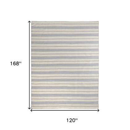 10' X 14' Blue Ivory And Tan Striped Dhurrie Hand Woven Stain Resistant Area Rug
