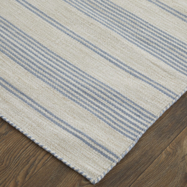 10' X 14' Blue Ivory And Tan Striped Dhurrie Hand Woven Stain Resistant Area Rug