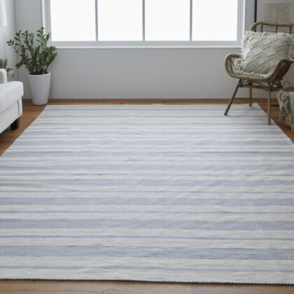 10' X 14' Blue Ivory And Tan Striped Dhurrie Hand Woven Stain Resistant Area Rug