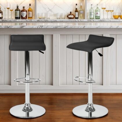 Set of Two Black and Silver Faux Leather and Metal Low Back Adjustable Height Swivel Bar Chairs