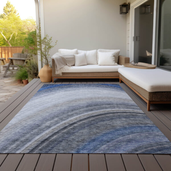 5' X 8' Denim Blue And Navy Blue Abstract Washable Indoor Outdoor Area Rug