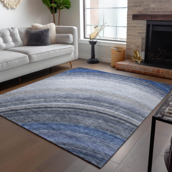 5' X 8' Denim Blue And Navy Blue Abstract Washable Indoor Outdoor Area Rug