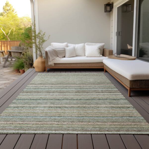 3' X 5' Sage Mint Green And Beige Striped Washable Indoor Outdoor Area Rug