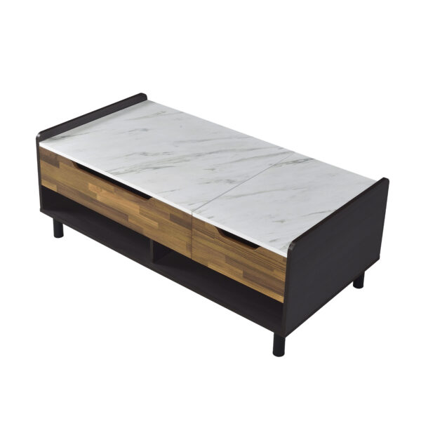 47" Black Brown And White Faux Marble And Wood Lift Top Coffee Table
