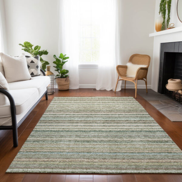 3' X 5' Sage Mint Green And Beige Striped Washable Indoor Outdoor Area Rug