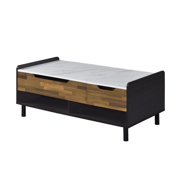 47" Black Brown And White Faux Marble And Wood Lift Top Coffee Table