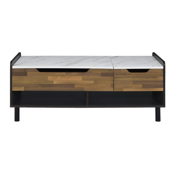 47" Black Brown And White Faux Marble And Wood Lift Top Coffee Table