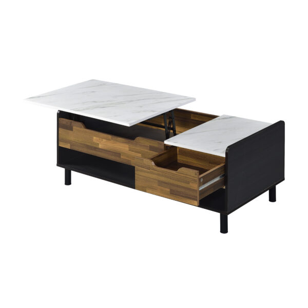 47" Black Brown And White Faux Marble And Wood Lift Top Coffee Table