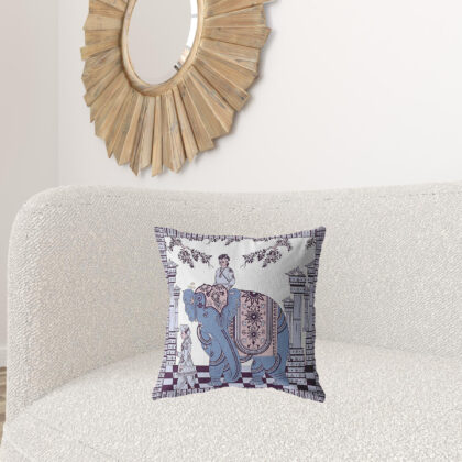 18” Blue Purple Ornate Elephant Zippered Suede Throw Pillow