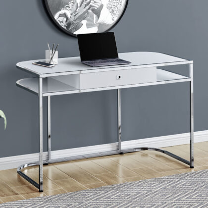 47" White and Silver Wood and Metal Computer Desk