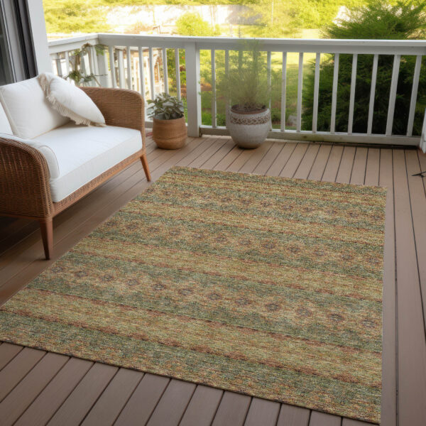 5' X 8' Artichoke Green And Olive Green Floral Medallion Washable Indoor Outdoor Area Rug