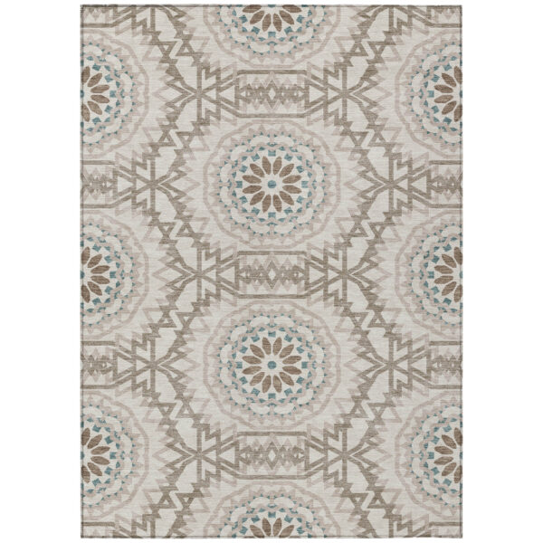 8' X 10' Beige Brown And Teal Blue Floral Medallion Washable Indoor Outdoor Area Rug