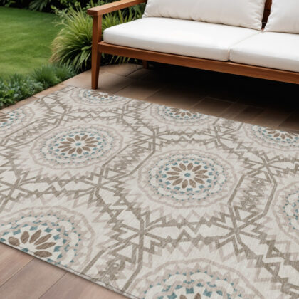 8' X 10' Beige Brown And Teal Blue Floral Medallion Washable Indoor Outdoor Area Rug