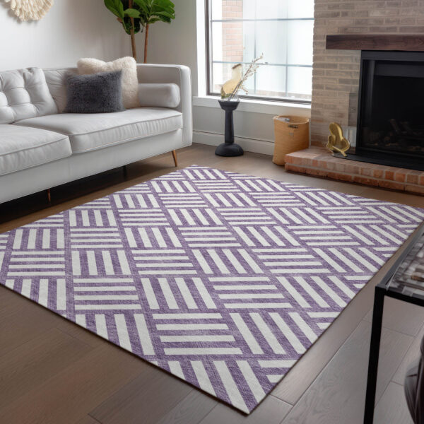 10' X 14' Purple And Ivory Geometric Washable Indoor Outdoor Area Rug