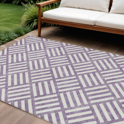 10' X 14' Purple And Ivory Geometric Washable Indoor Outdoor Area Rug