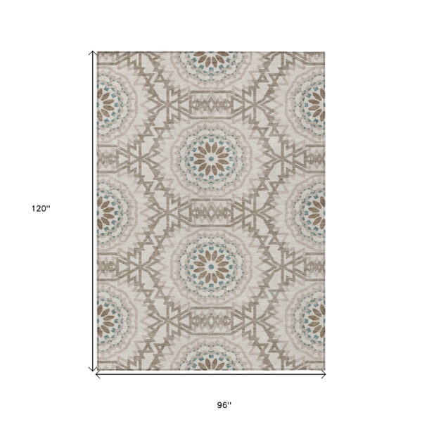 8' X 10' Beige Brown And Teal Blue Floral Medallion Washable Indoor Outdoor Area Rug