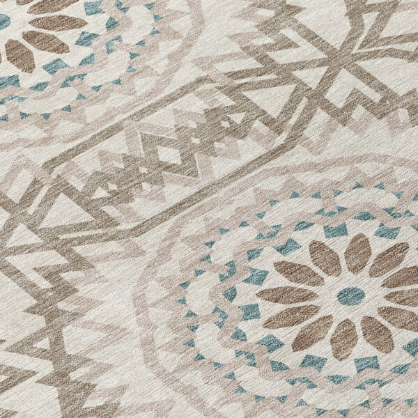 8' X 10' Beige Brown And Teal Blue Floral Medallion Washable Indoor Outdoor Area Rug