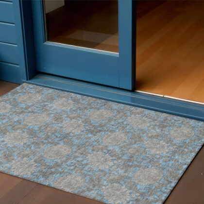 3' X 5' Blue Gray And Silver Floral Washable Indoor Outdoor Area Rug