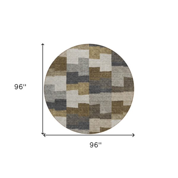 8' Brown Beige And Ivory Round Geometric Washable Indoor Outdoor Area Rug