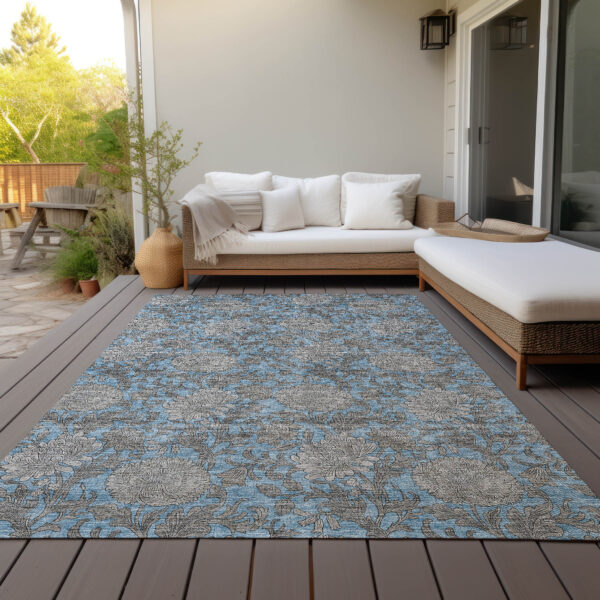 3' X 5' Blue Gray And Silver Floral Washable Indoor Outdoor Area Rug