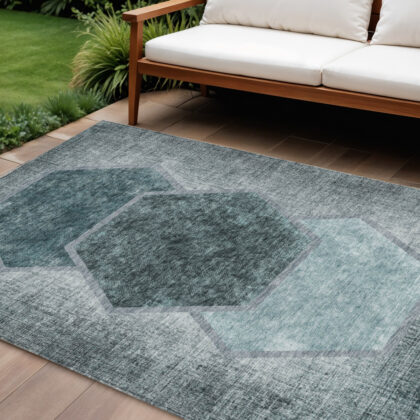 8' X 10' Teal Blue Aqua And Ivory Geometric Washable Indoor Outdoor Area Rug