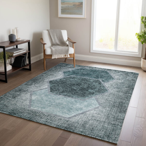 8' X 10' Teal Blue Aqua And Ivory Geometric Washable Indoor Outdoor Area Rug