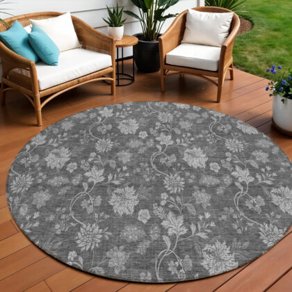 8' Gray Charcoal And Silver Round Floral Washable Indoor Outdoor Area Rug
