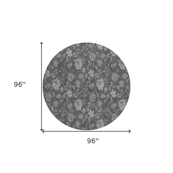 8' Gray Charcoal And Silver Round Floral Washable Indoor Outdoor Area Rug