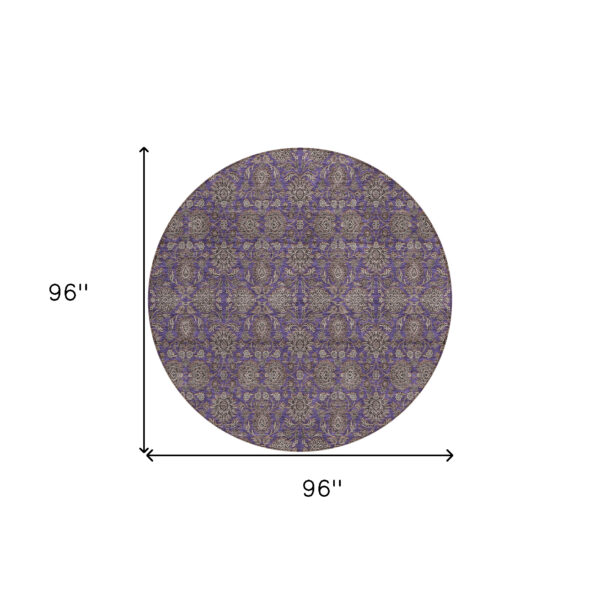 8' Purple Beige And Taupe Round Floral Washable Indoor Outdoor Area Rug