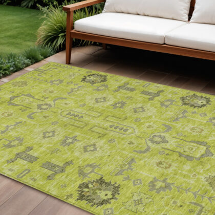 9' X 12' Artichoke Green And Fern Green Oriental Washable Indoor Outdoor Area Rug