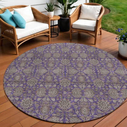 8' Purple Beige And Taupe Round Floral Washable Indoor Outdoor Area Rug