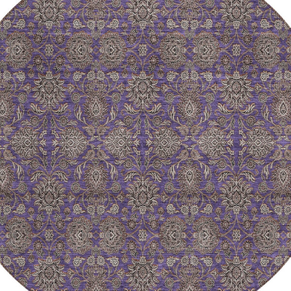 8' Purple Beige And Taupe Round Floral Washable Indoor Outdoor Area Rug
