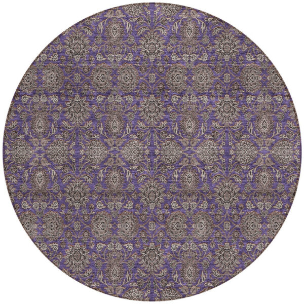 8' Purple Beige And Taupe Round Floral Washable Indoor Outdoor Area Rug