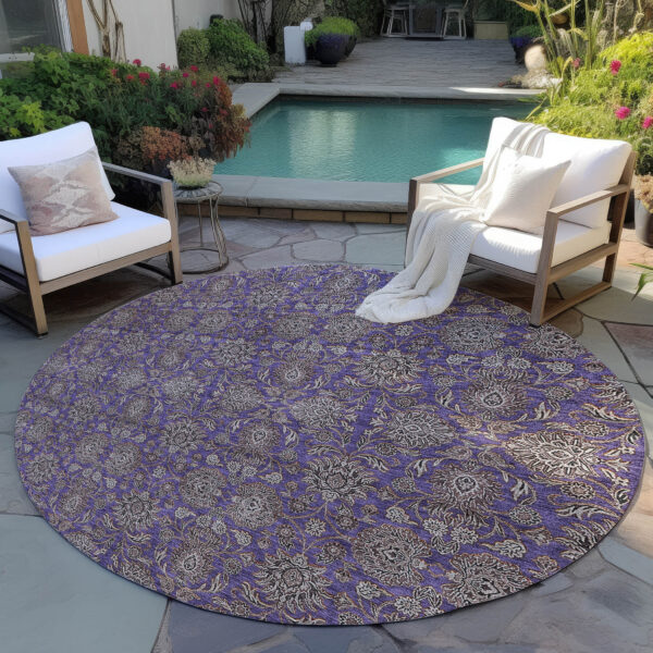 8' Purple Beige And Taupe Round Floral Washable Indoor Outdoor Area Rug