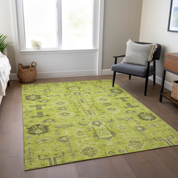 9' X 12' Artichoke Green And Fern Green Oriental Washable Indoor Outdoor Area Rug