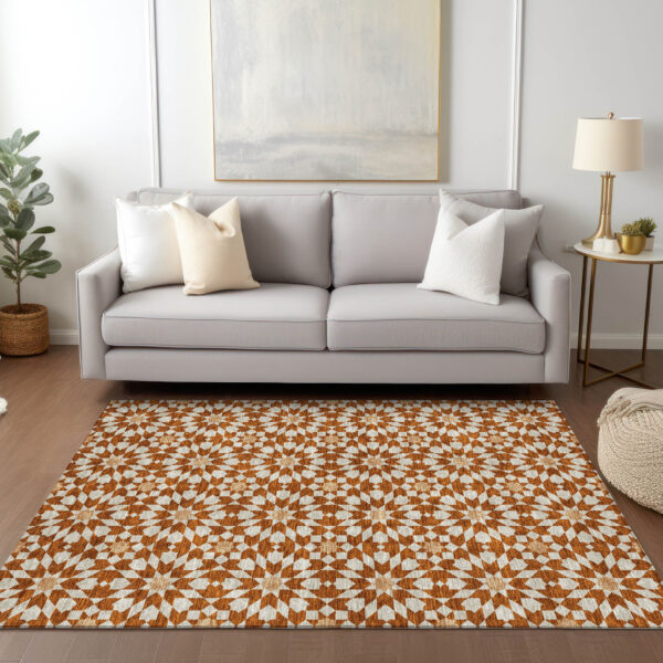 9' X 12' Orange Beige And Copper Floral Medallion Washable Indoor Outdoor Area Rug